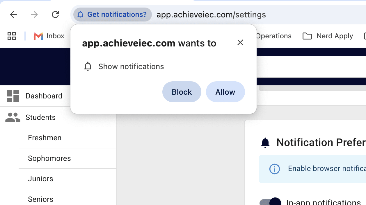Your browser will ask you to confirm your request for notifications. Clic**k Allow** to continue.