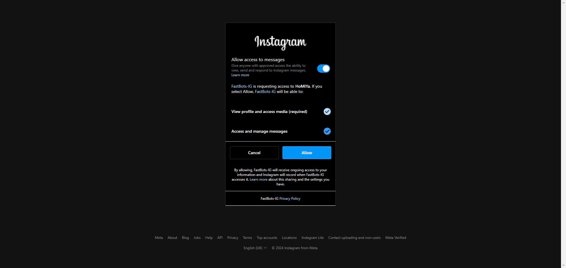 Turn on the "Alow access to messages" option. 