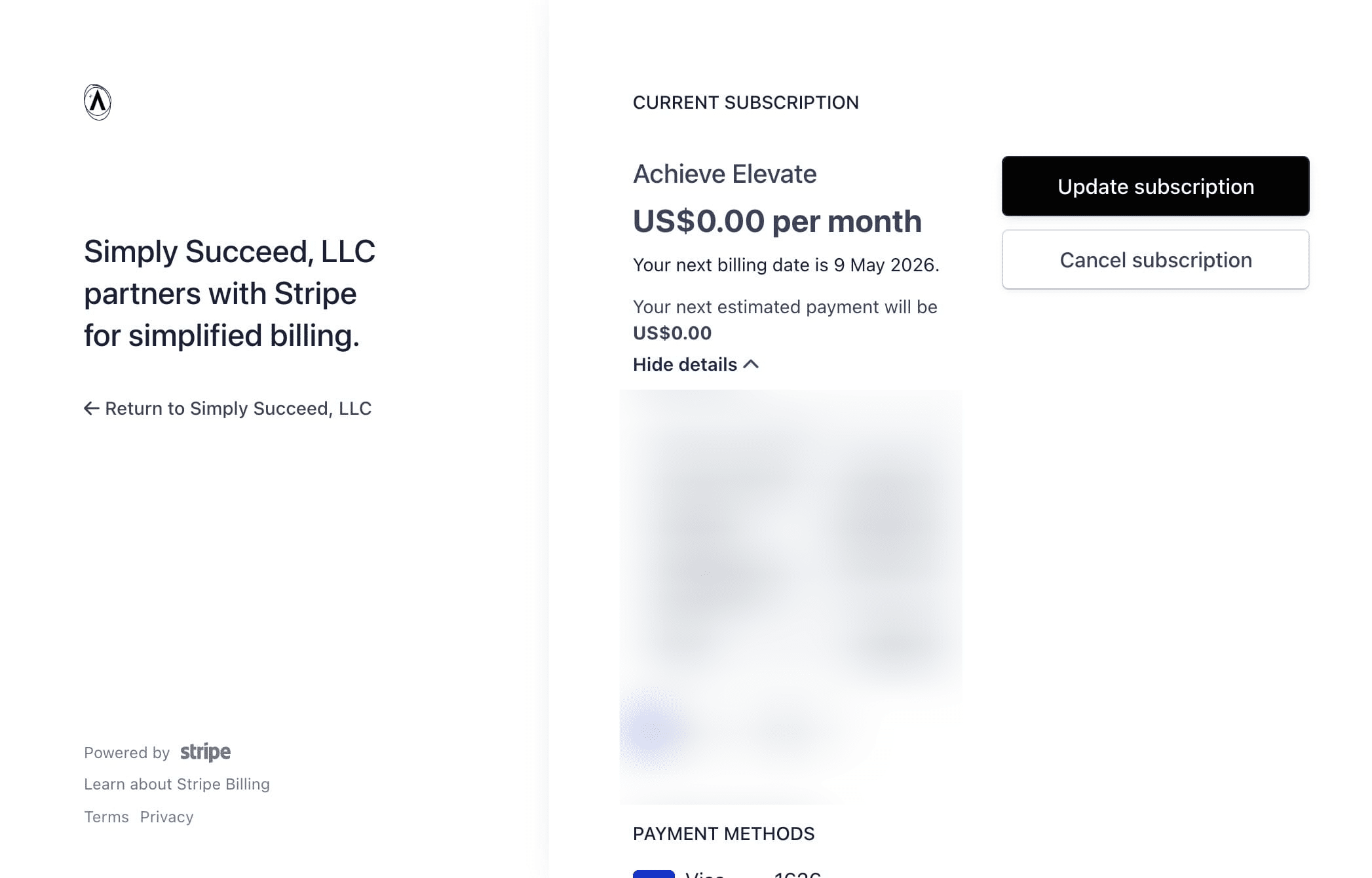 To cancel your Achieve subscription, press **Cancel Subscription.**