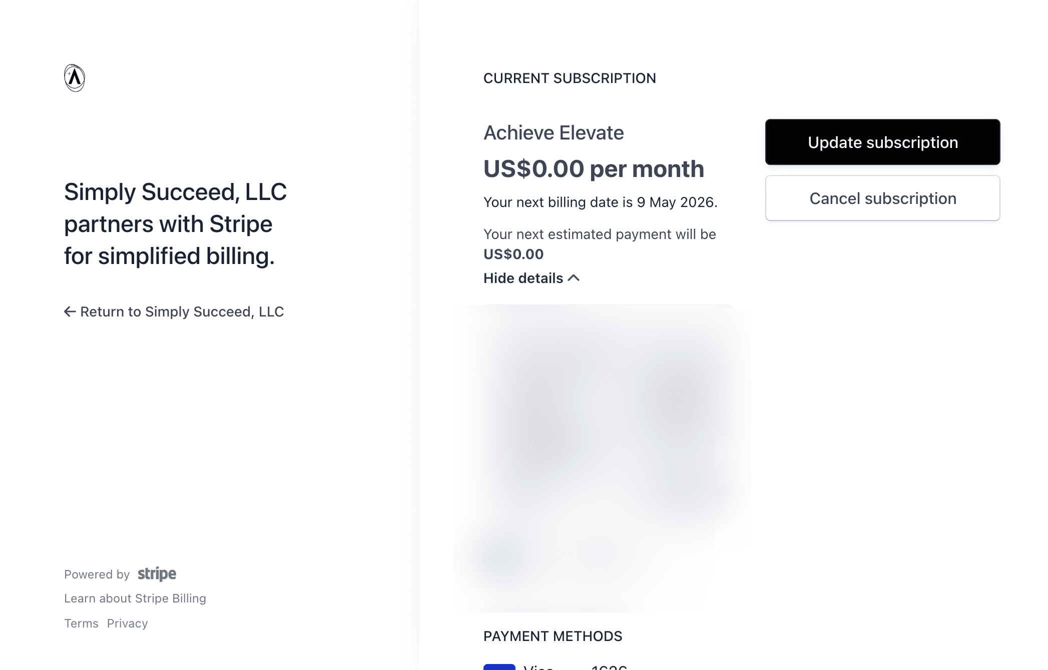 To update your subscription tier (i.e. moving from Elevate to Elite or vice versa), click **Update Subscription.** 
