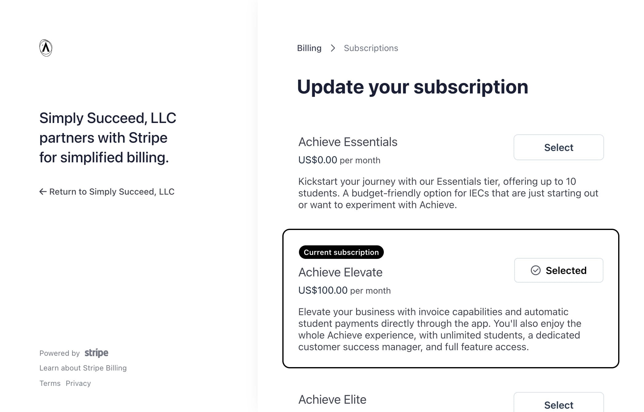 Then click **Select** to the right of your new subscription tier. 