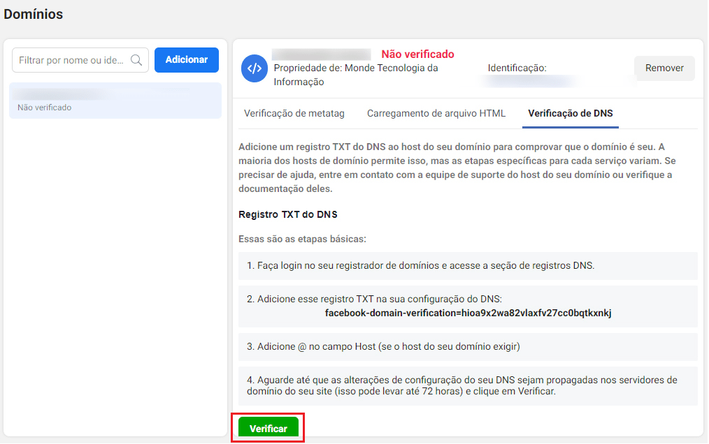 Volte para as **"Configurações de negócio"** no Facebook Ads e clique em **"Verificar"**.