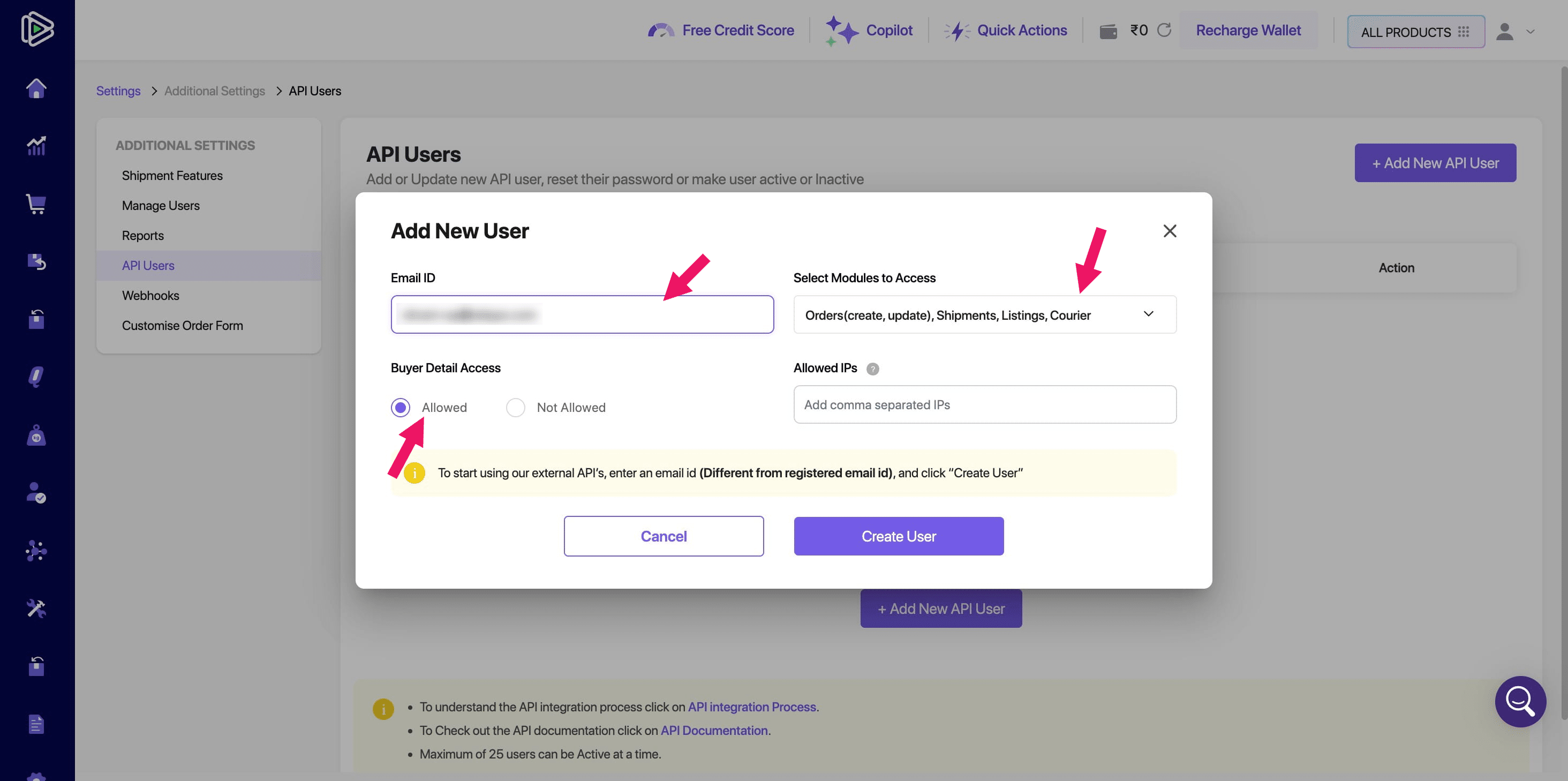 To grant access, select the desired modules. **For full API functionality, check all modules**. Then, click the "**Create user**" button.