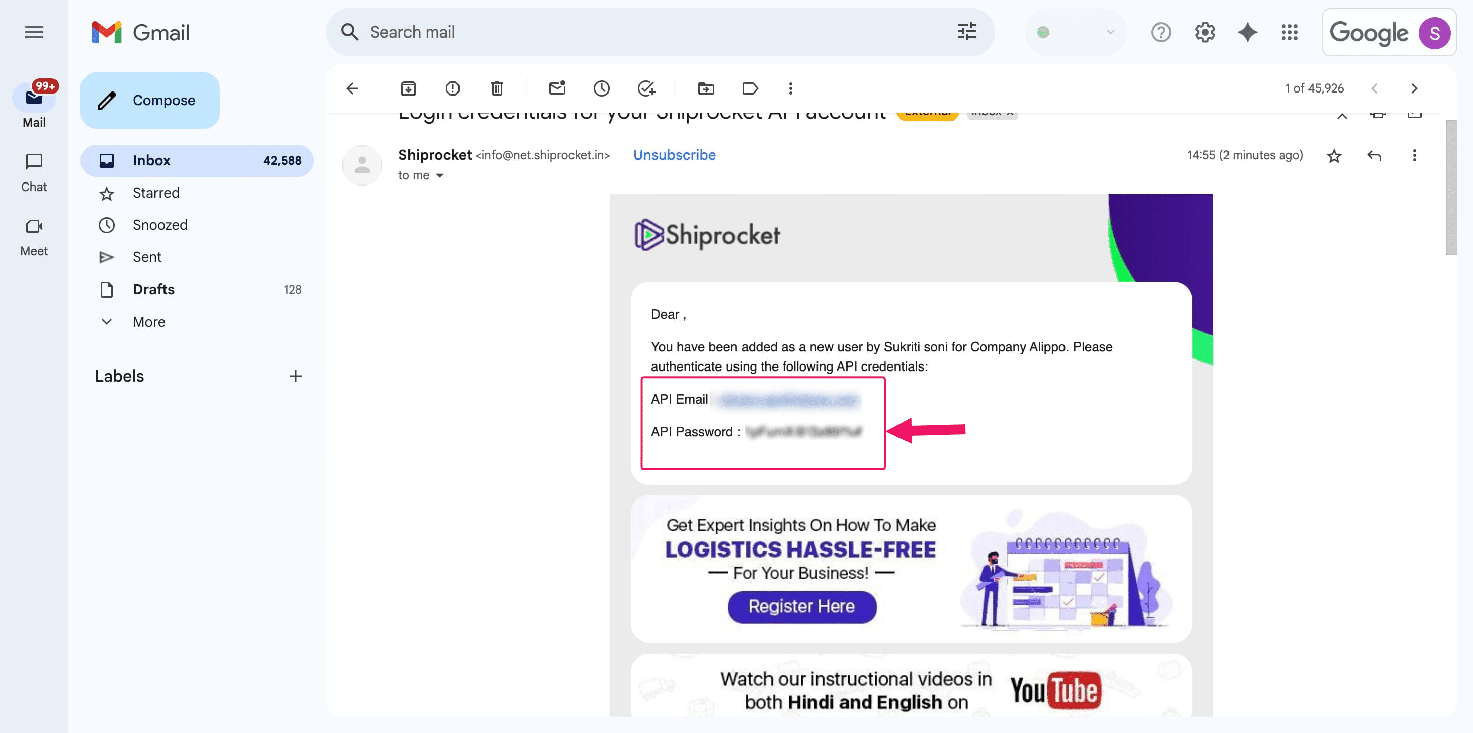 Forward the email containing the New API login and password to **prince@alippo.com**.