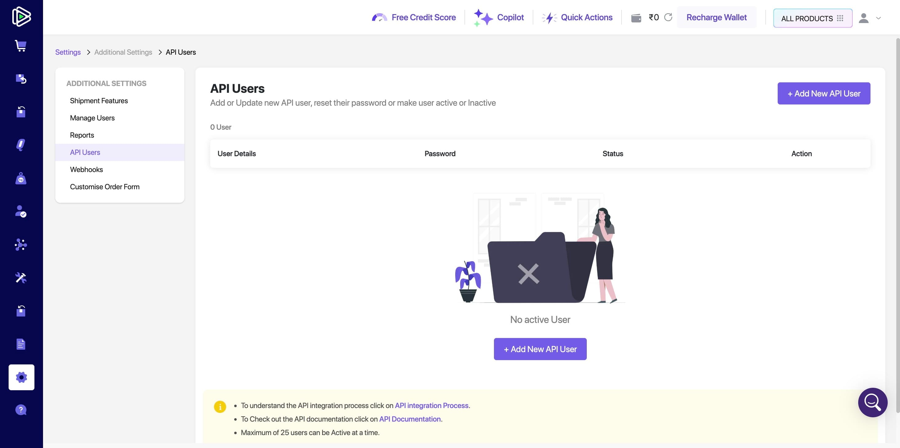 Click on "**+ Add New API User**"
