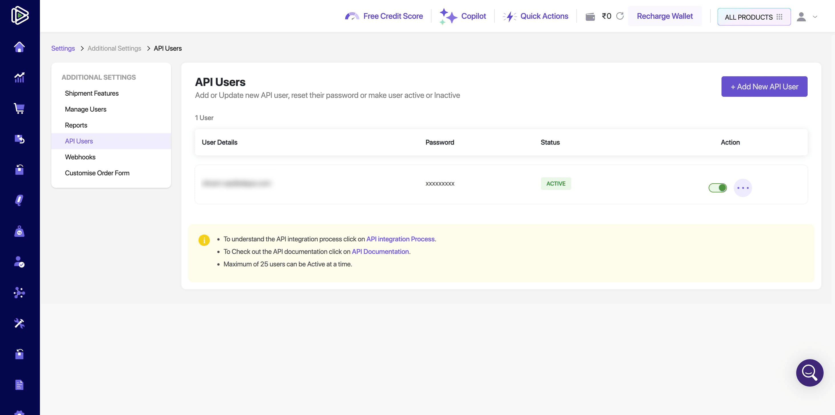 After creation, the new API user will be visible in the user list, displaying the information like **User Details:** The user's email address.