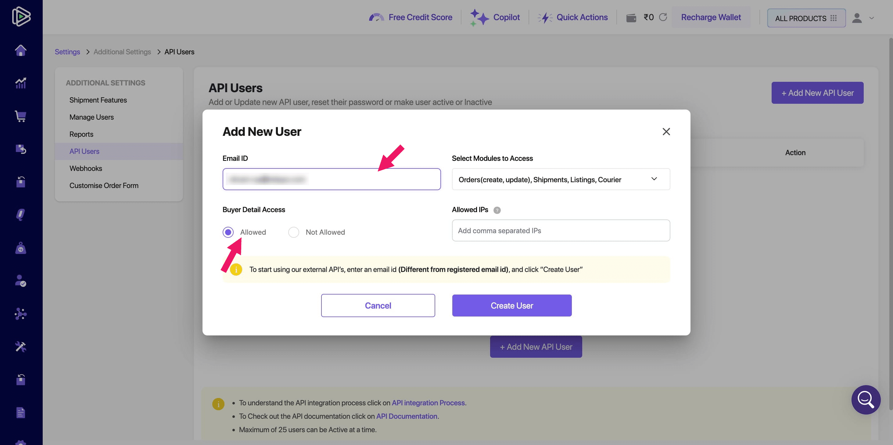 In the Buyer Detail Access section, select "**Allowed**."