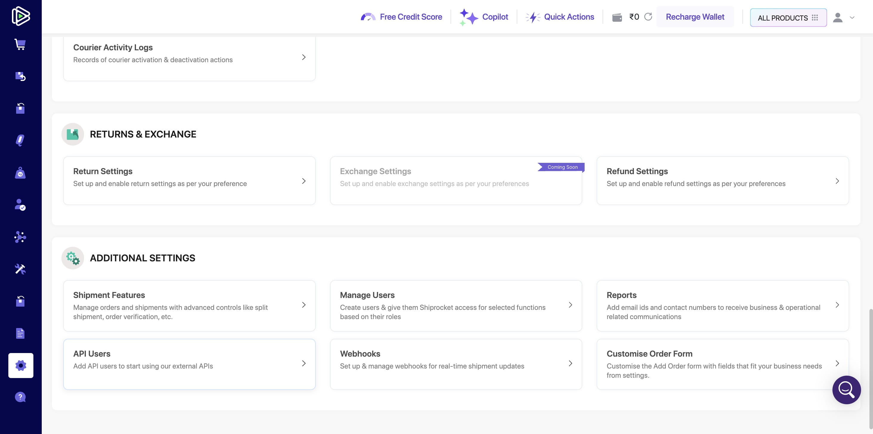On the settings page, scroll down to the '**Additional Settings**' section to find the **API Users** option.