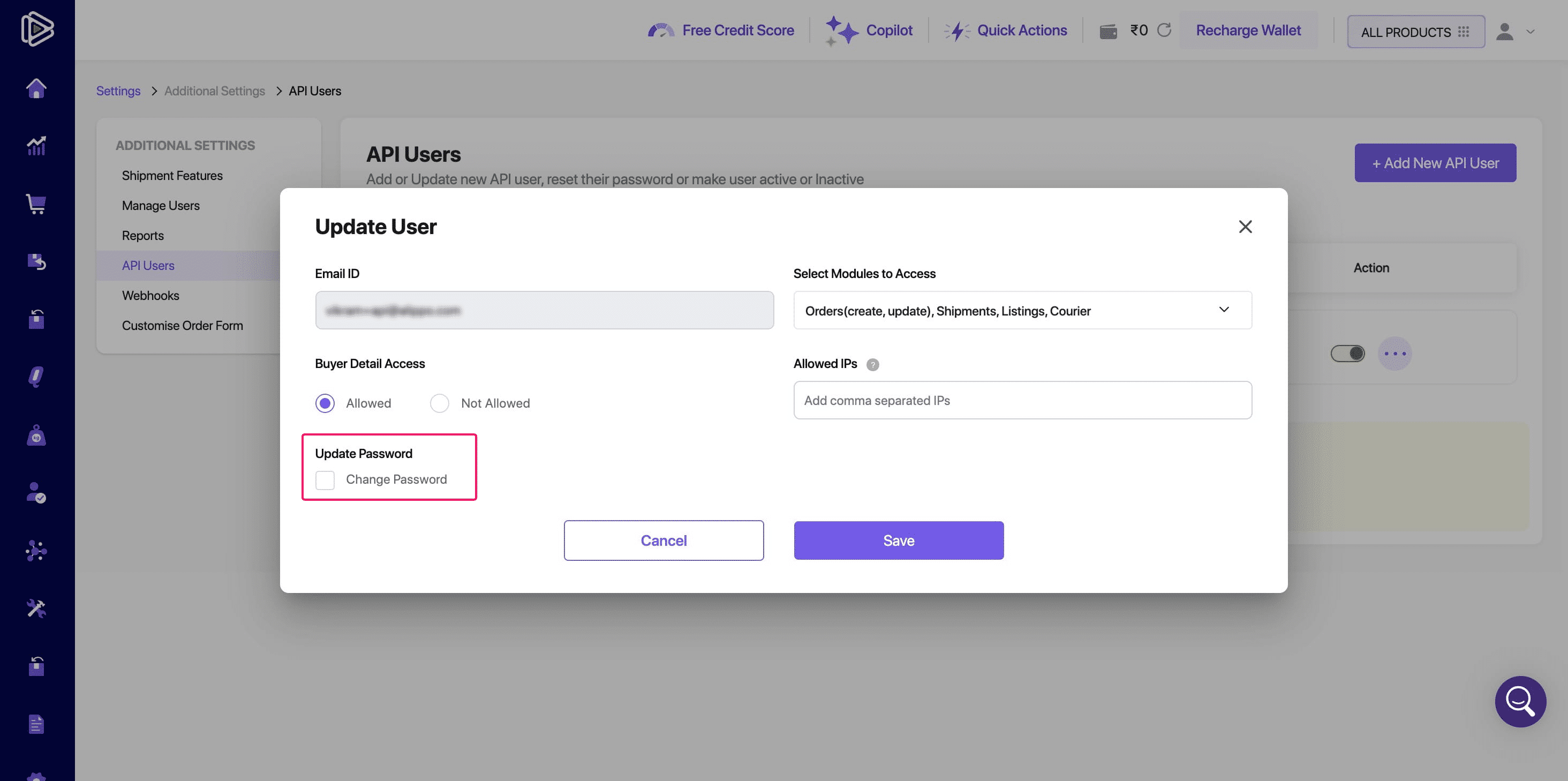 Select the "**Change Password**" option if you wish to generate a new API password or reset the existing one.