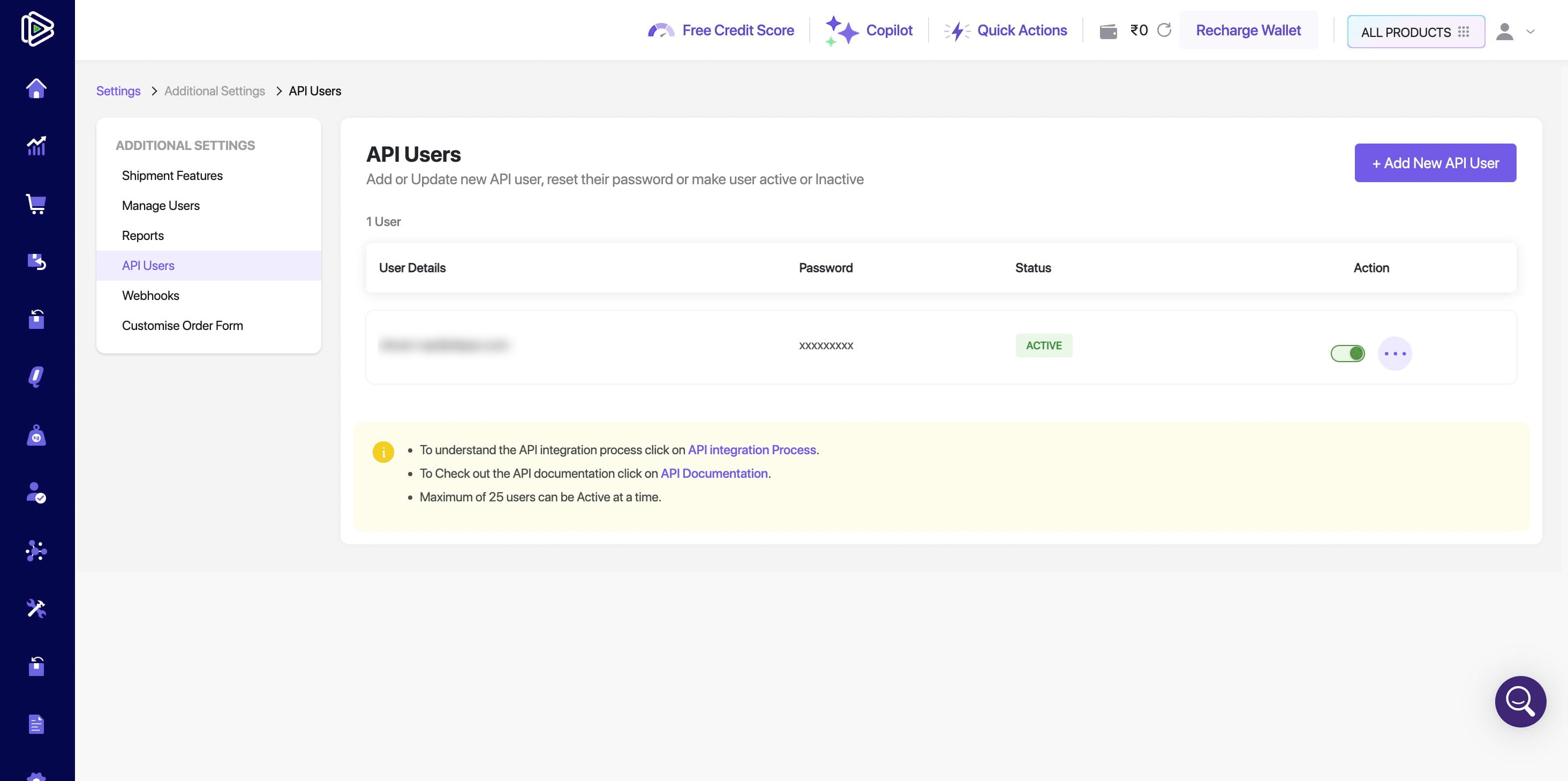 To change the password or modify permissions later, click the **ellipsis (•••)** under the **Action** column next to the API user.