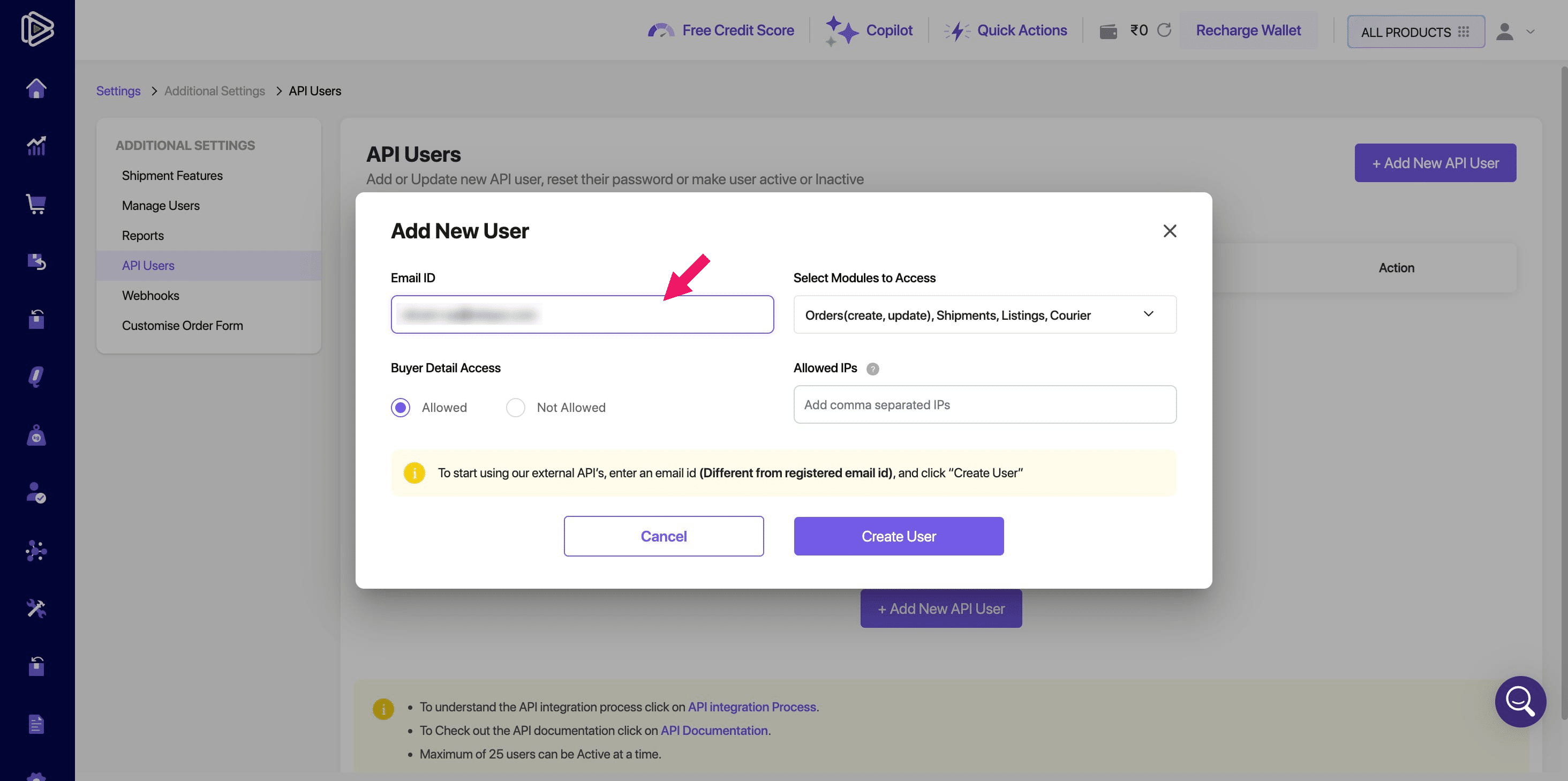 In the "Add New User" form, enter your email address and add `+api` before the `@` symbol.
For example, if your Shiprocket email address is `abc@gmail.com`, enter `abc+api@gmail.com`.