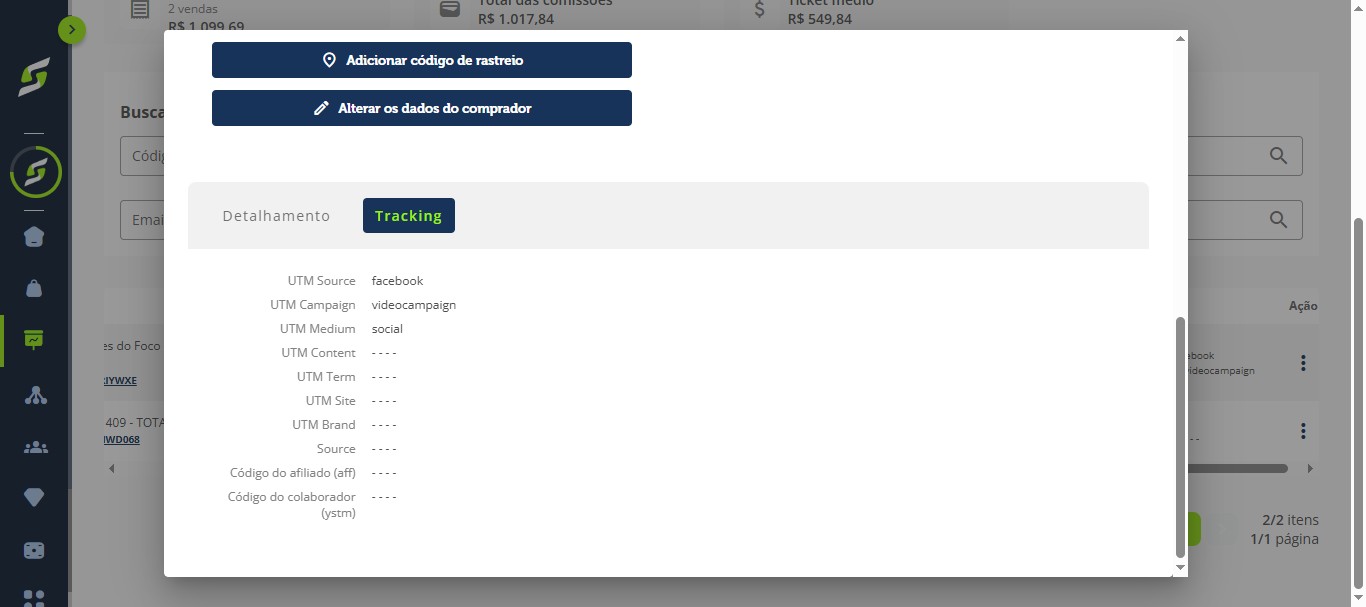 Já em "Tracking" é possível verificar a origem e todos os UTMs do pedido.
