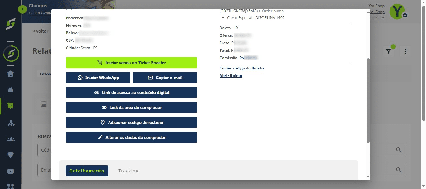 Aqui na parte de baixo podemos ainda verificar o: 
* Código do boleto
* Alterar os dados do comprador
*  Copiar o email 