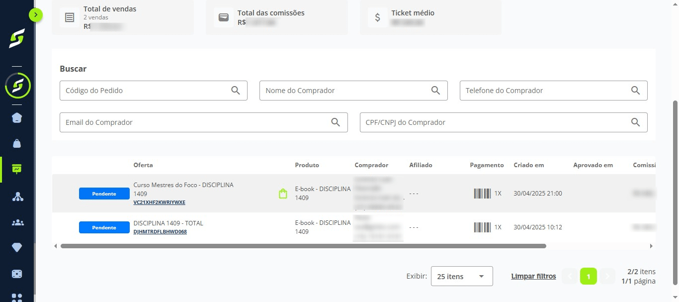 Aqui você analisa informações sobre o pedido.