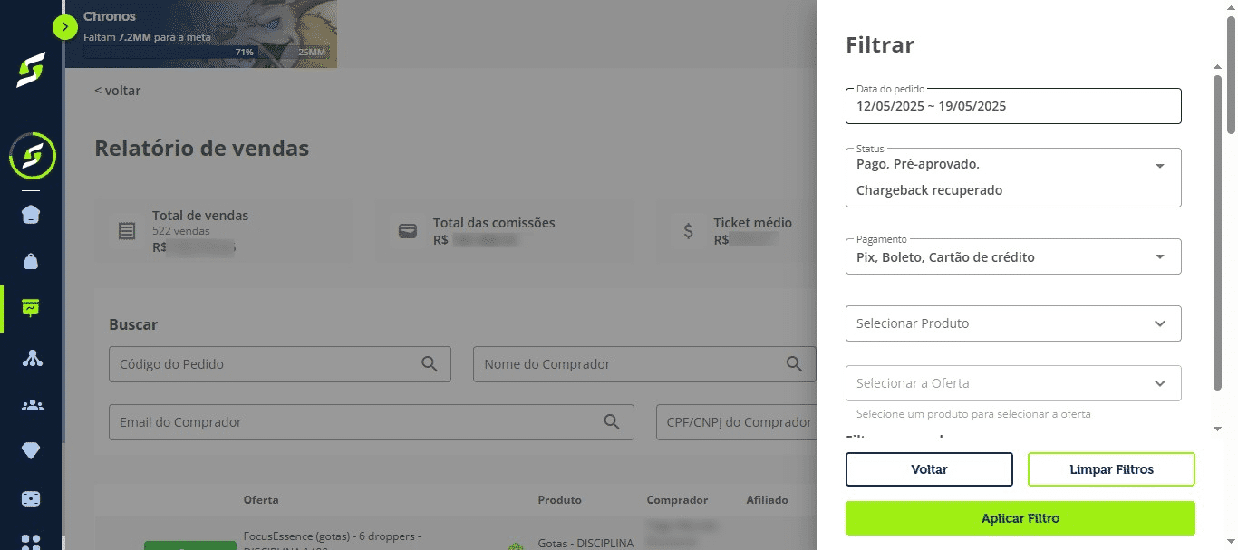 Você pode filtrar o pedido por data, status, ofertas e até por pagamentos.