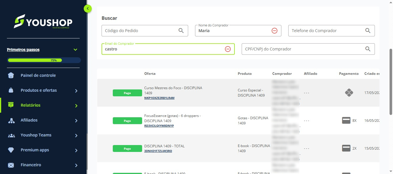 
Veja que existe a possibilidade de filtrar por várias categorias, como:

Código do pedido
Nome, telefone e email do comprador
E também fazer a busca por CPF/CNPJ