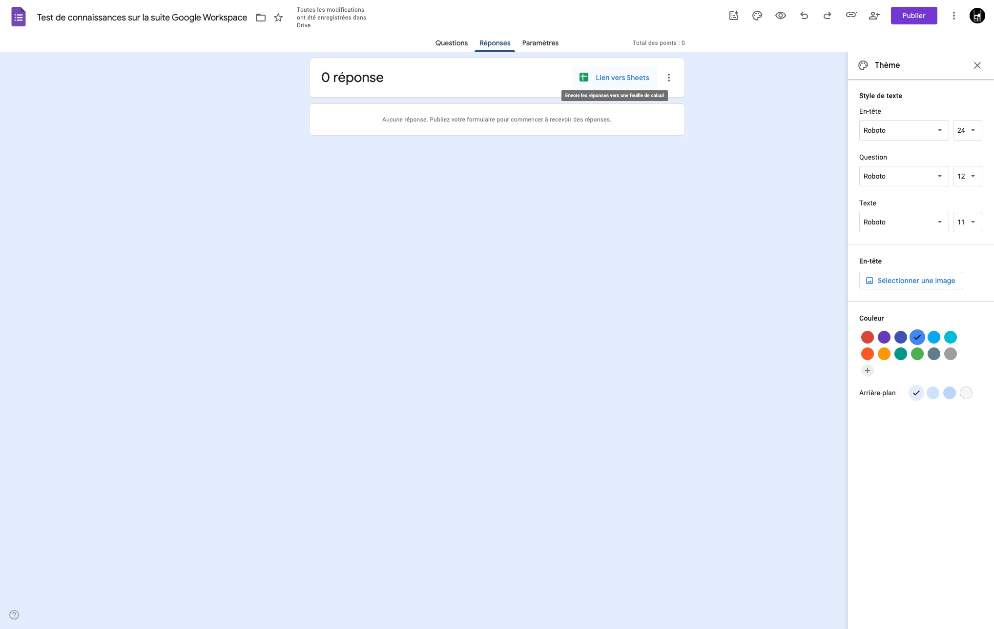Depuis l'onglet *Réponses* vous pouvez connecter votre formulaire à un documents Sheets en cliquant sur "Lien vers Sheets"