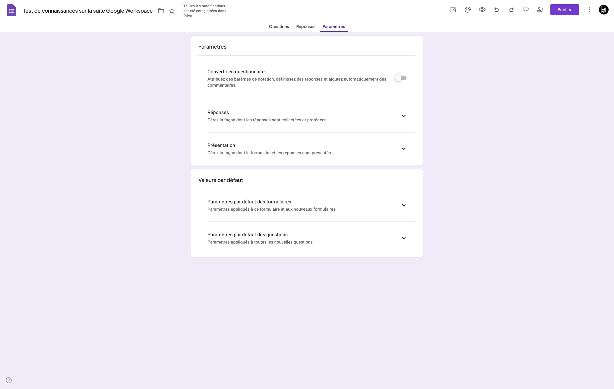 Si besoin de transformer le formulaire en questionnaire d'évaluation avec un barêm de points cocher cette fonction.
