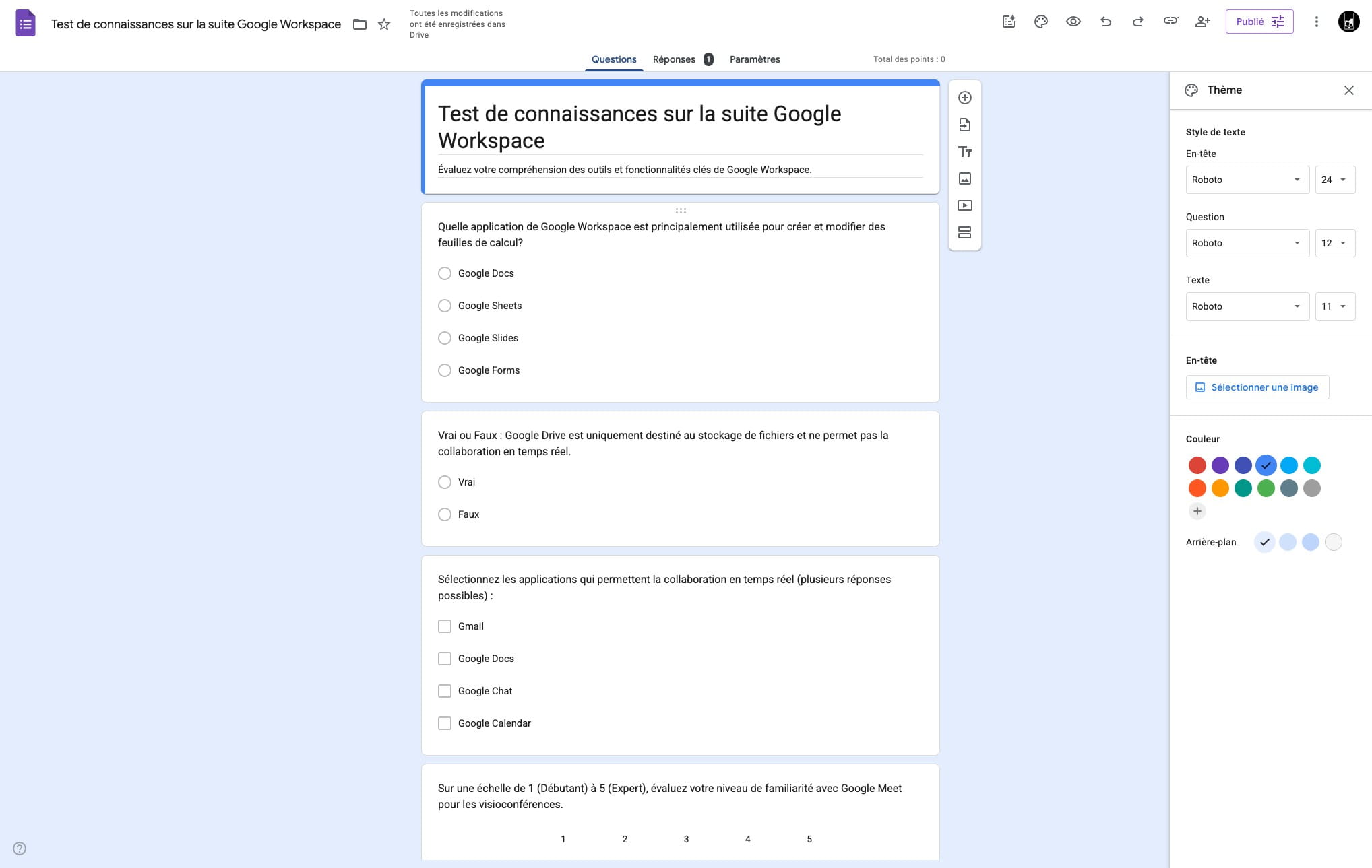 ## Configurer les Bonnes réponses et barème
&nbsp;
L'IA de google ne configure pas les bonnes réponses. Il faut donc aller les remplir manuellement.
&nbsp;
Cliquer sur l'onglet *Questions*
