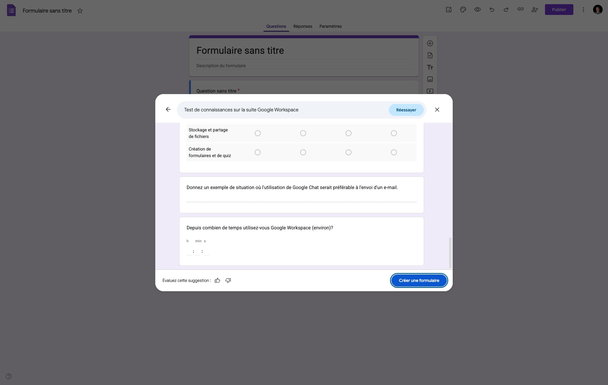 Un aperçu du formulaire est créé. Des modifications peuvent être apportées sur le prompt puis une fois satisfait, cliquer sur "Créer une formulaire".