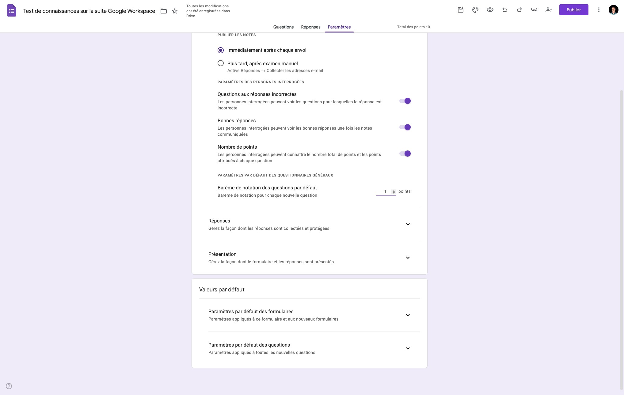 Mettre un nombre de points par défaut pour les questions. Chaque question pourra ensuite avoir son propre barème. 