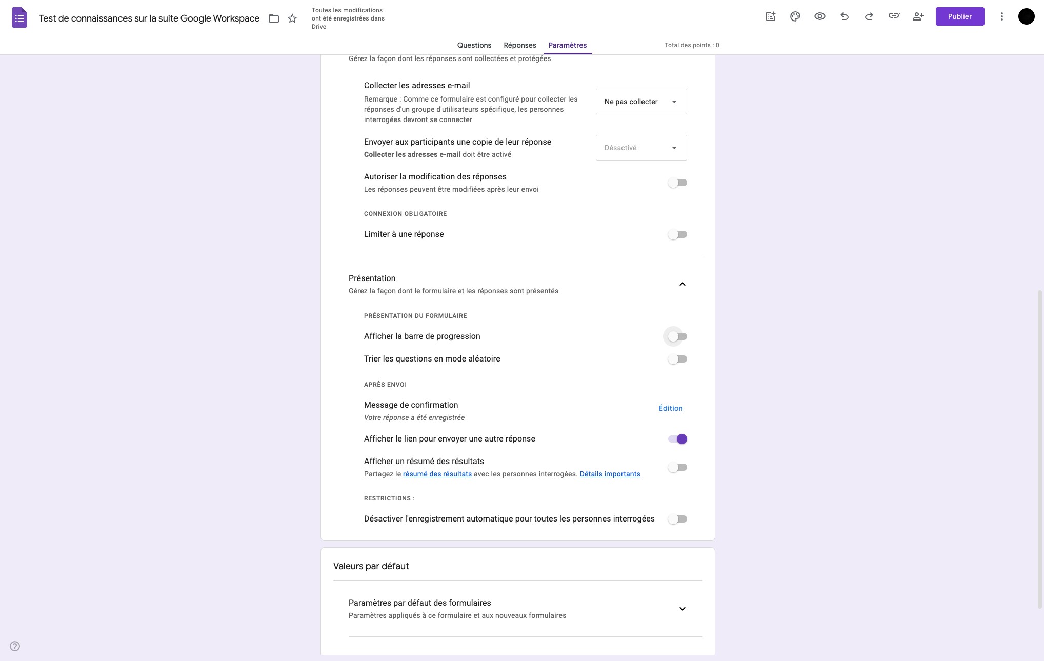 Choisir si vous souhaitez afficher une barre de progression ou afficher les questions de manière aléatoire.
