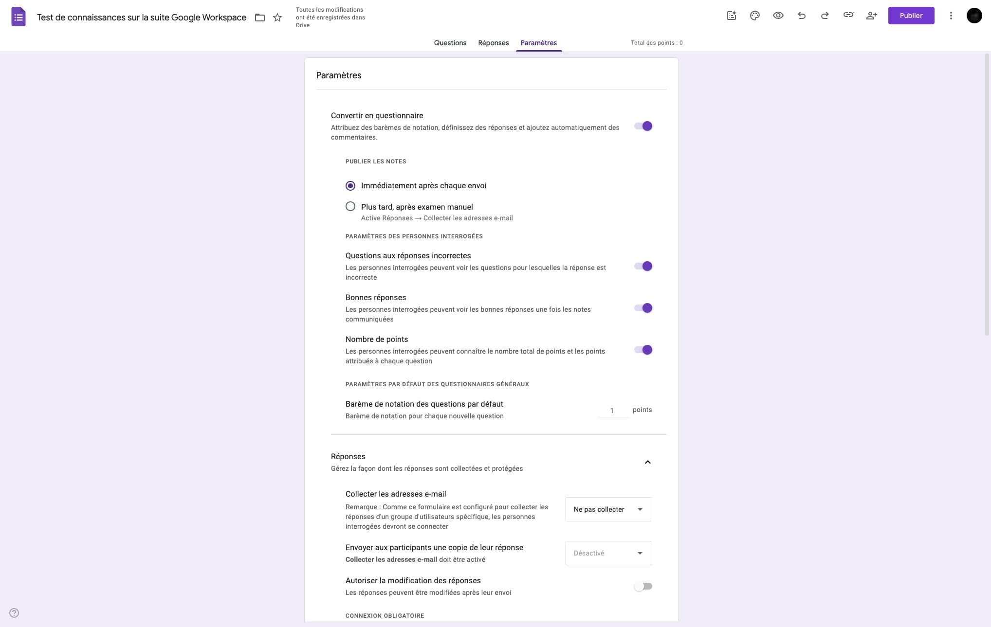 Se rendre aux "Questions" pour modifier les différentes questions posées.