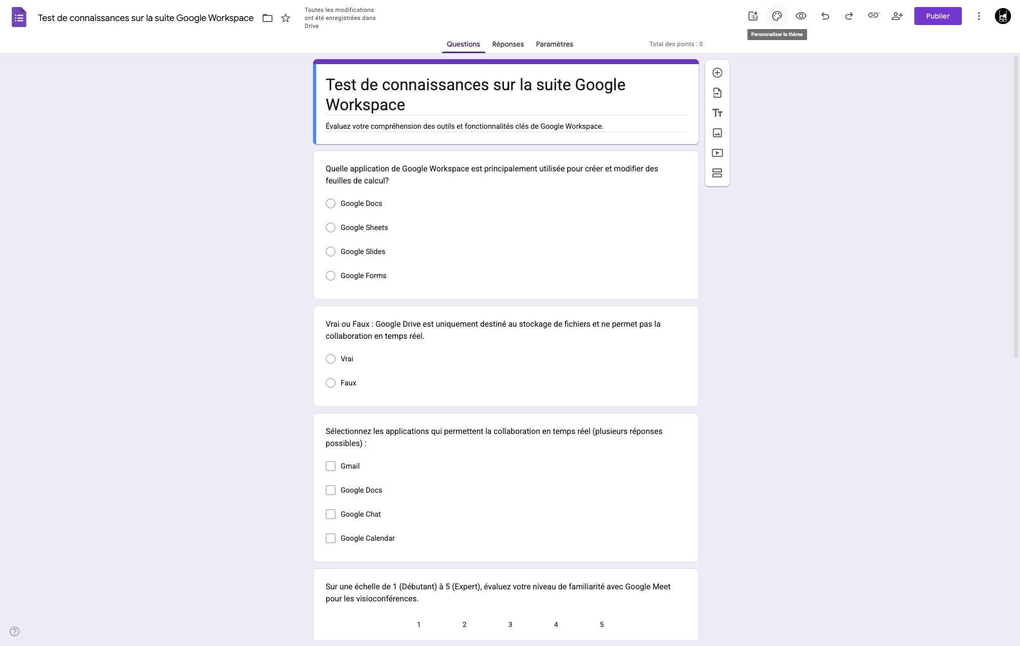 Cliquer ici pour personnaliser thème (les couleurs et polices) du questionnaire. 