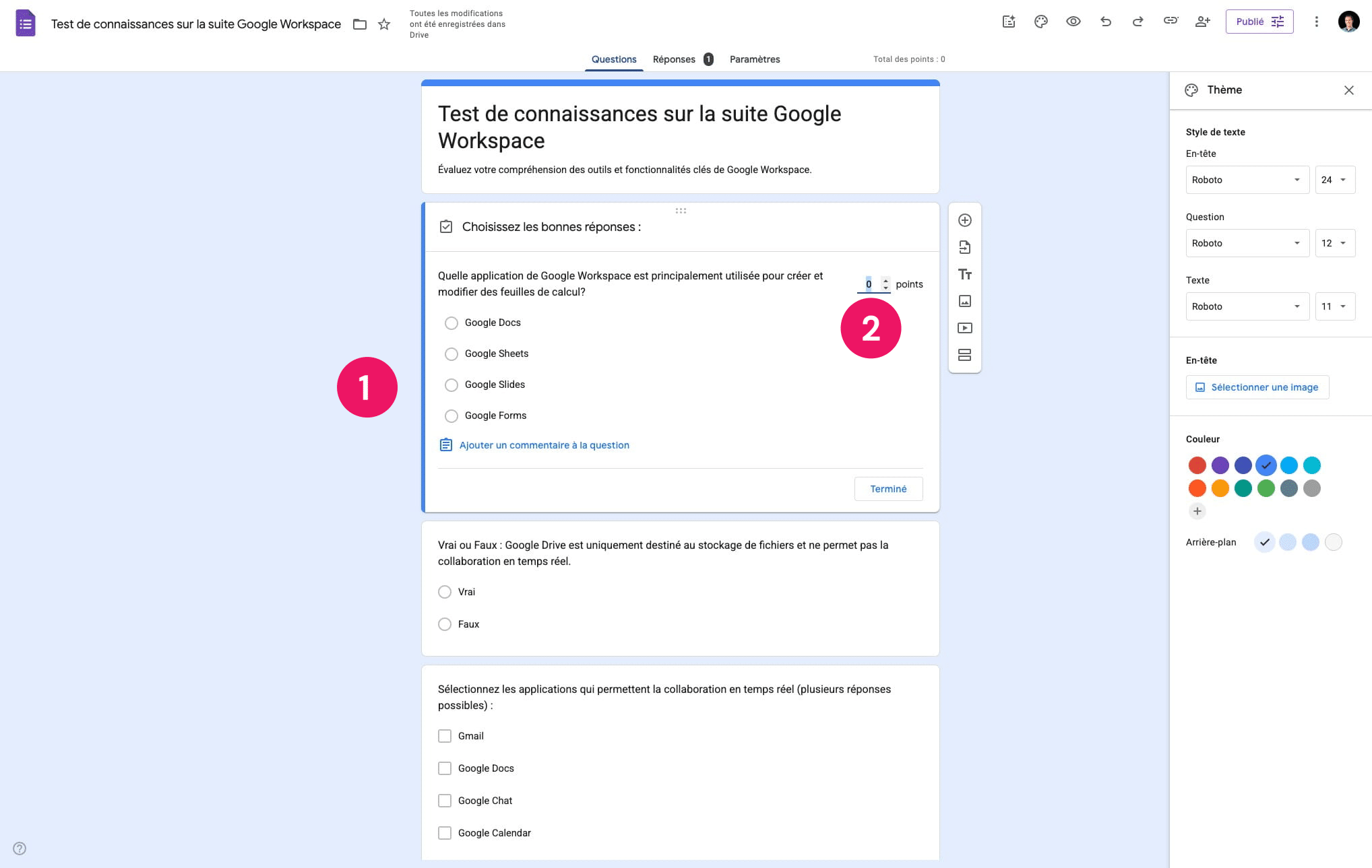 Indiquer la bonne réponse et le nombre de points à attribuer en cas de bonne réponse (pour une évaluation).