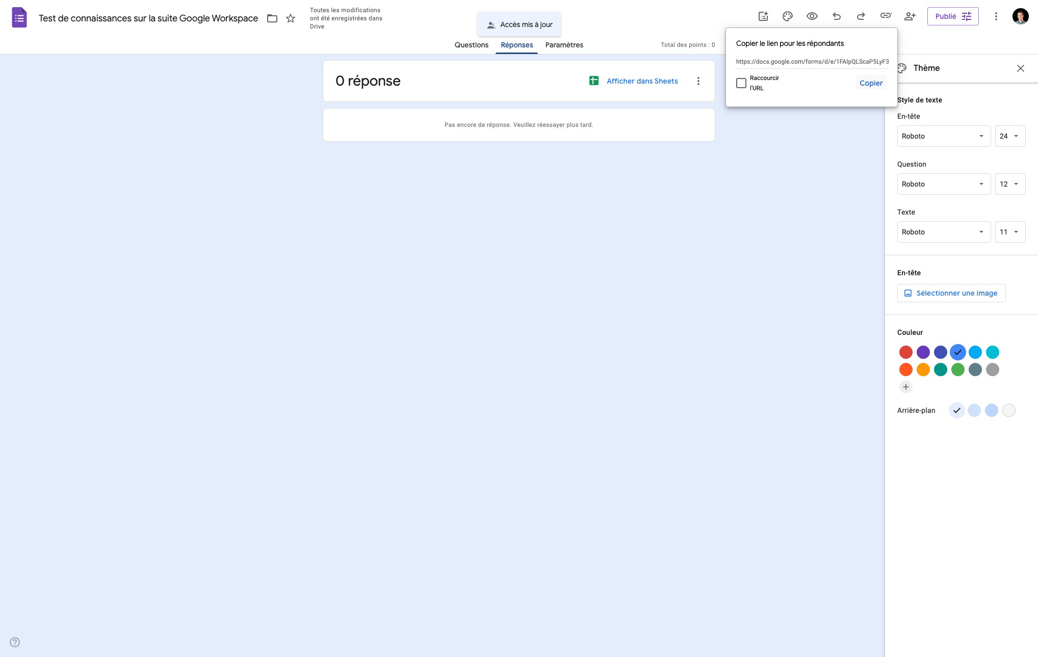 Cliquer sur "Copier" et partager ce lien aux personnes devant remplir le questionnaire.