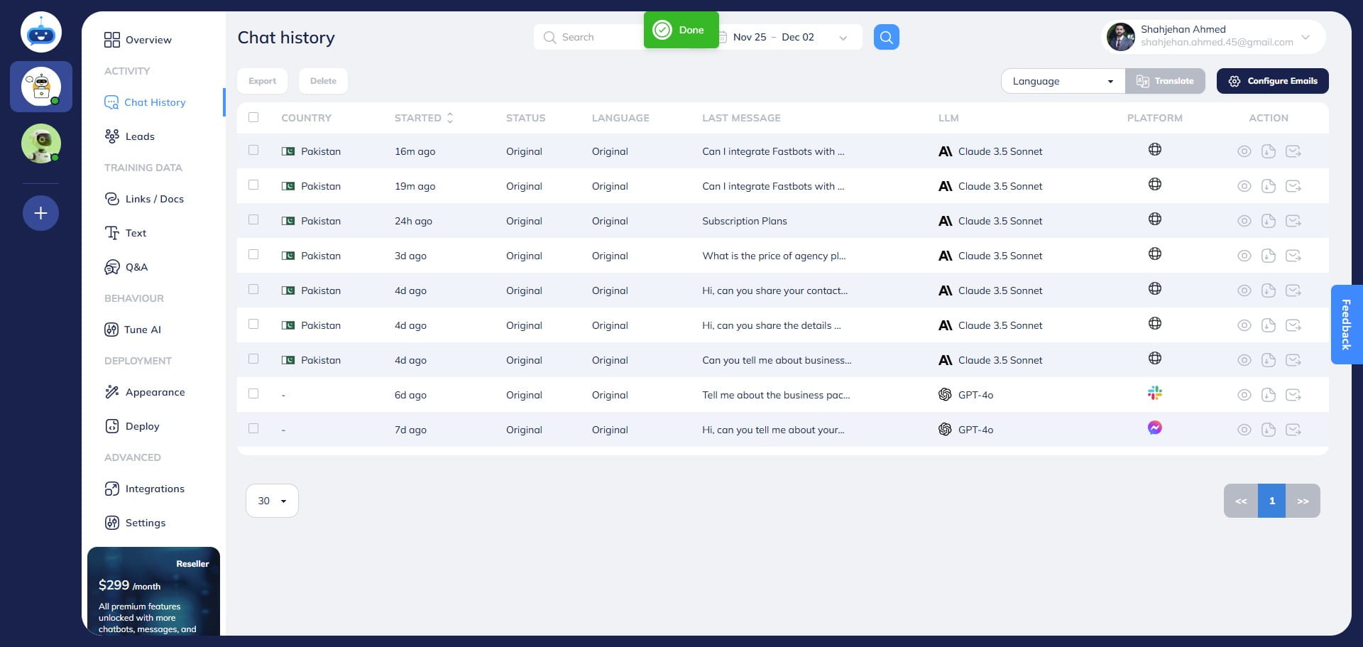 If you want to resend a conversation to your email, just click on "Resend" button and it will send the conversation to your configured email.