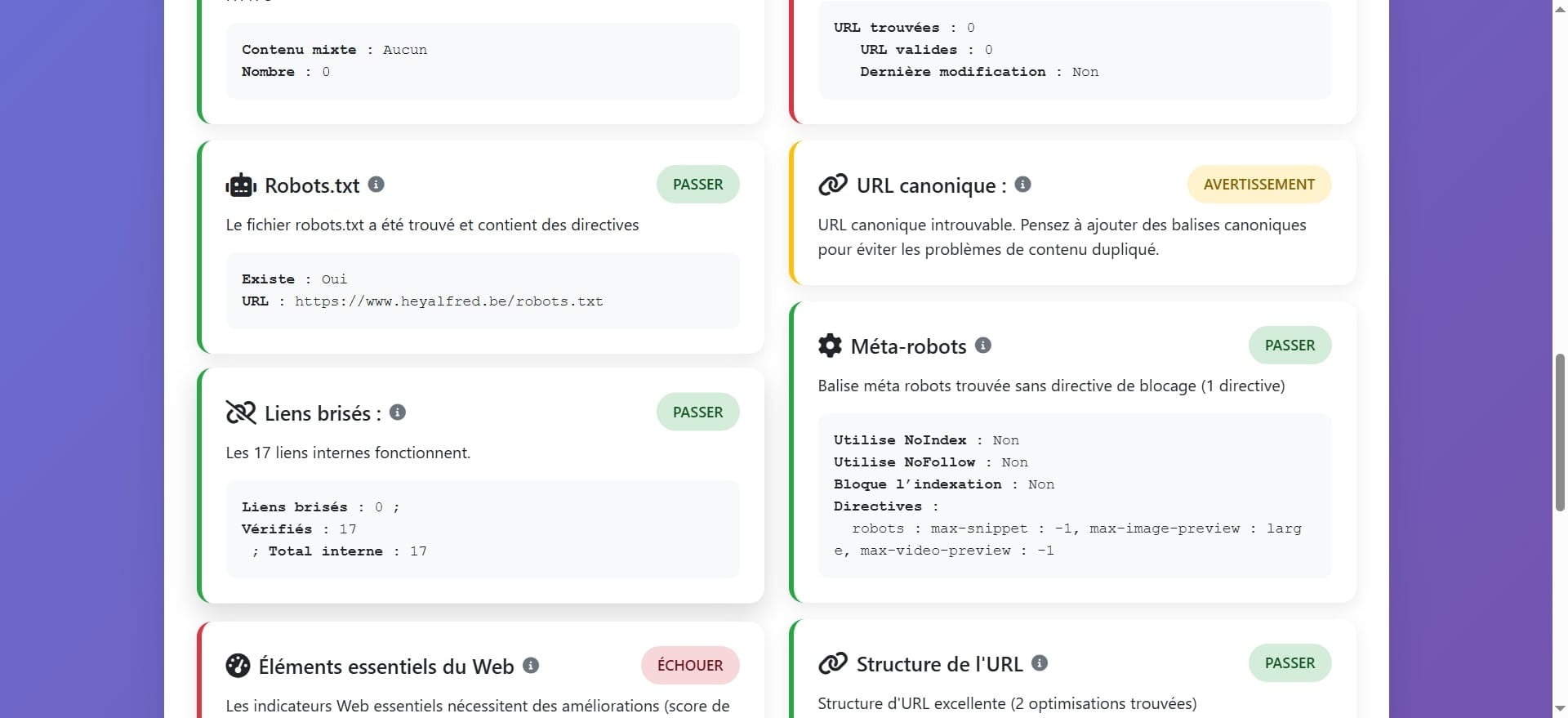 Cette section indique que tout les liens internes analysé par l'outil fonctionnent,et aucun lien brisé n'a été réferencé.