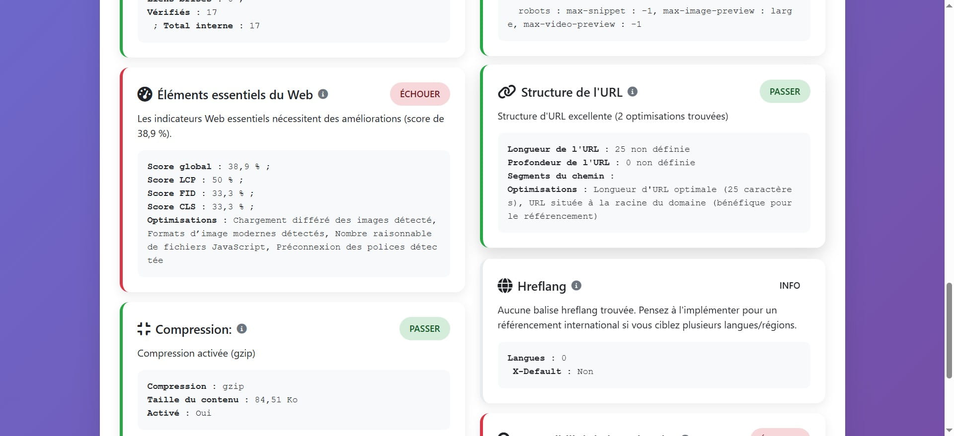 Cette section analyse la structure de l'URL d'une page pour s'assurer qu'elle est optimisée pour le référencement.
 Le test a été validé. L'outil indique qu'il n'y a pas de problèmes majeurs concernant la structure des URLs sur le site.