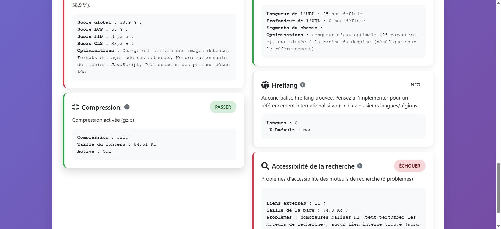 La compression des fichiers  est utilisée pour réduire la taille des fichiers transférés sur le web. Cela permet d'améliorer la vitesse de chargement du site
Ce test a été validé par l'outil pour ce site, car la compression est activée, ce qui optimise les temps de chargement du site.