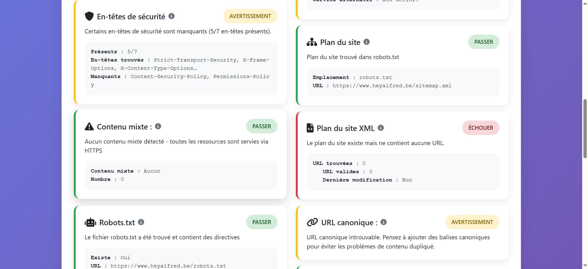 Cette rubrique explique que le site analysé n'a pas de contenu mixte, type de contenu considéré comme une faible sécurité et peut exposer votre site et ses utilisateurs à des risques de sécurité.
