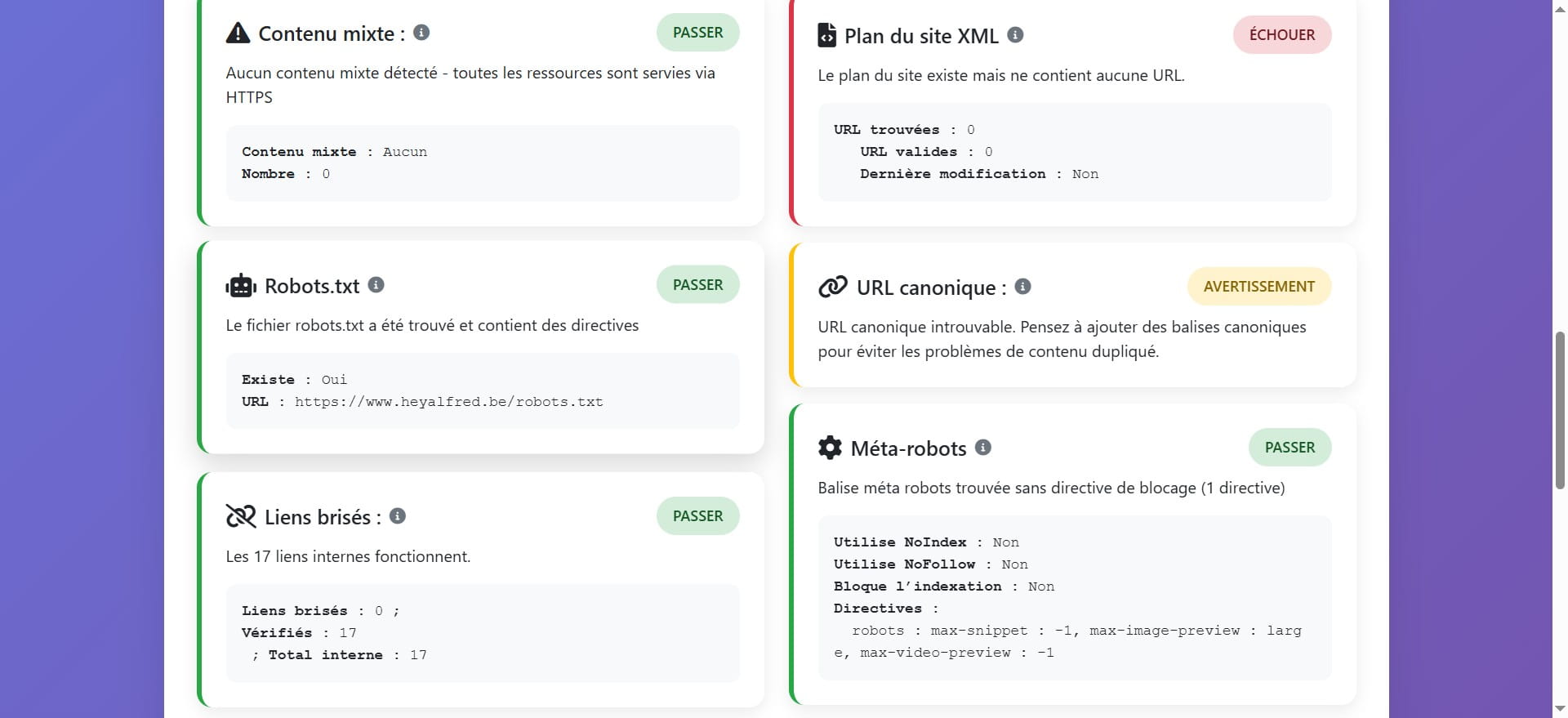 Cette rubrique concerne le fichier robots.txt qui est utilisé pour contrôler l'accès des moteurs de recherche à certaines pages ou parties d'un site web. Il contient des règles pour les robots d'exploration
Aucun problème ici, car le fichier existe et contient des directives.