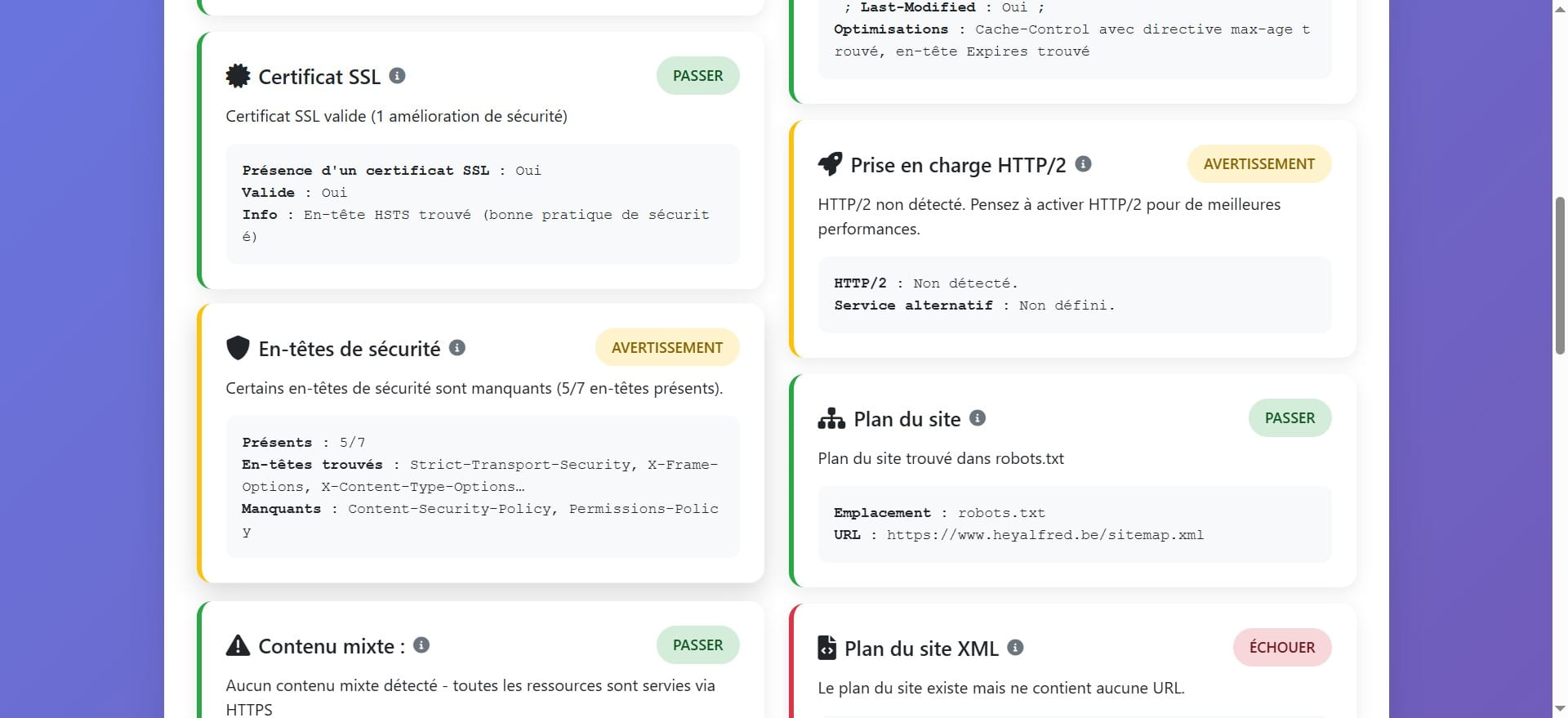 Cette rubrique concerne les en-têtes de sécurité du site, ce qui est un aspect essentiel pour protéger un site contre diverses menaces en ligne.
L'avertissement concerne certains en-têtes de sécurité manquants à ajouter pour éviter des vulnérabilités potentielles