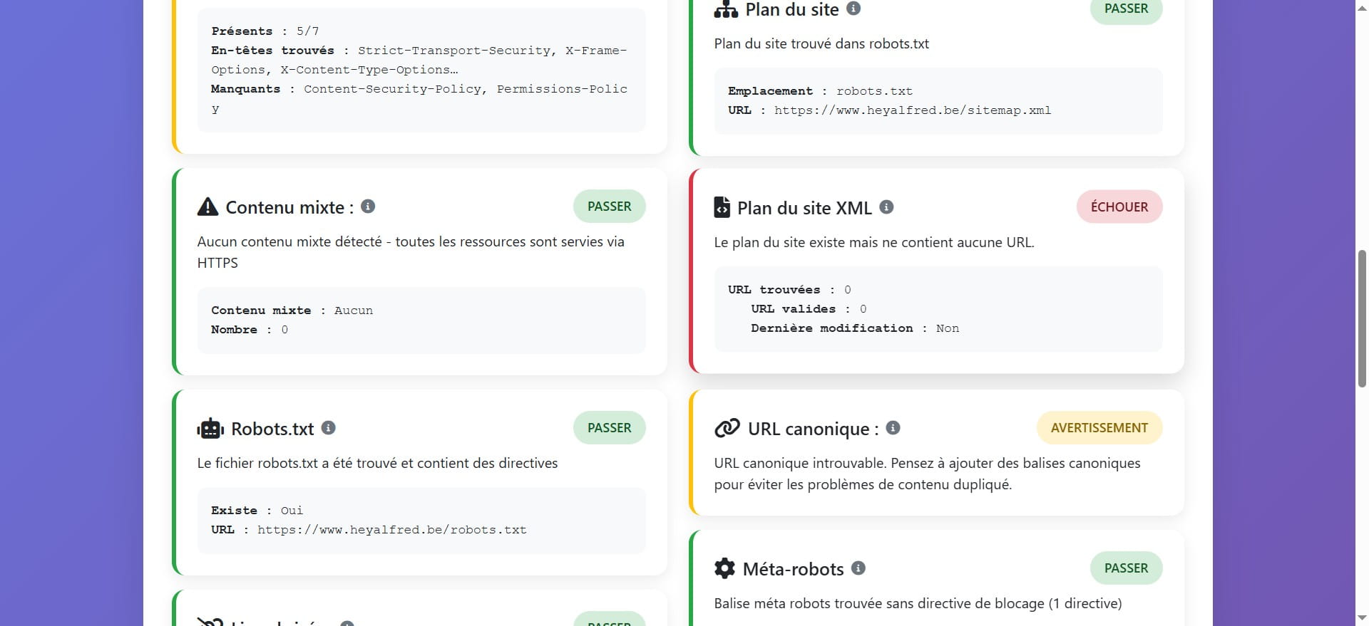 Cette rubrique indique que le site analysé  possède un plan mais n'est pas indéxé.
Un plan du site XML est essentiel pour aider les moteurs de recherche à indexer correctement toutes les pages importantes de votre site.