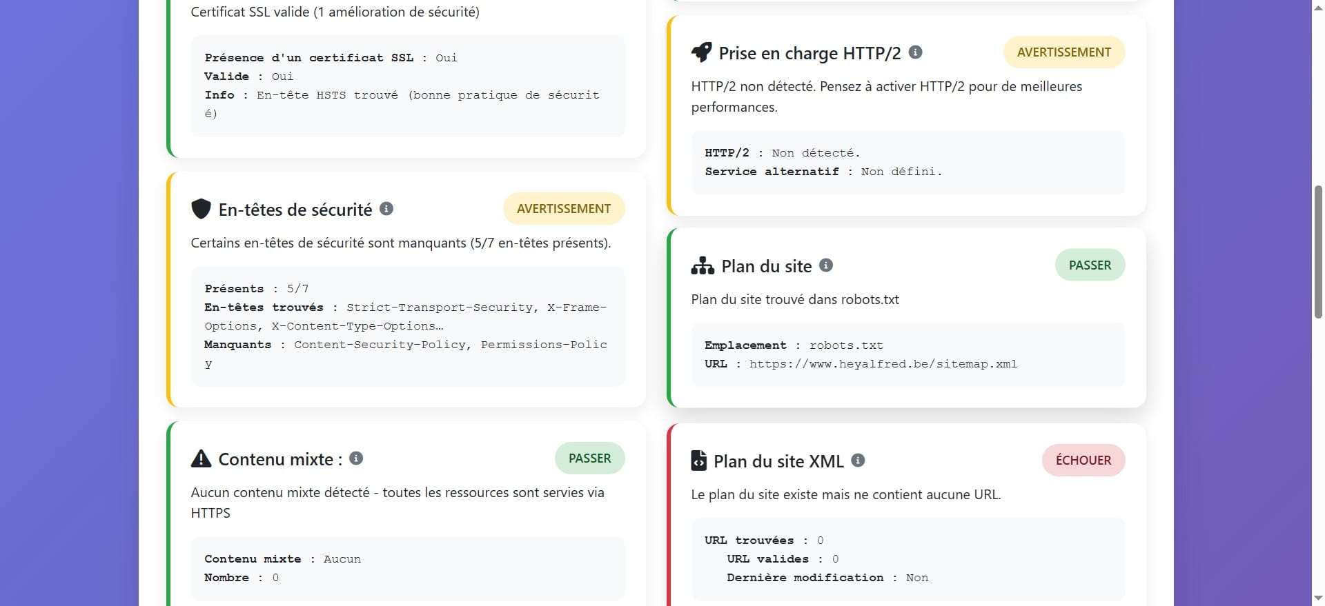 Le plan du site est un fichier essentiel pour l’indexation des pages par les moteurs de recherche. Aucun problème ici, le site a un plan du site configuré, ce qui facilite l'exploration et l'indexation de ses pages par Google.