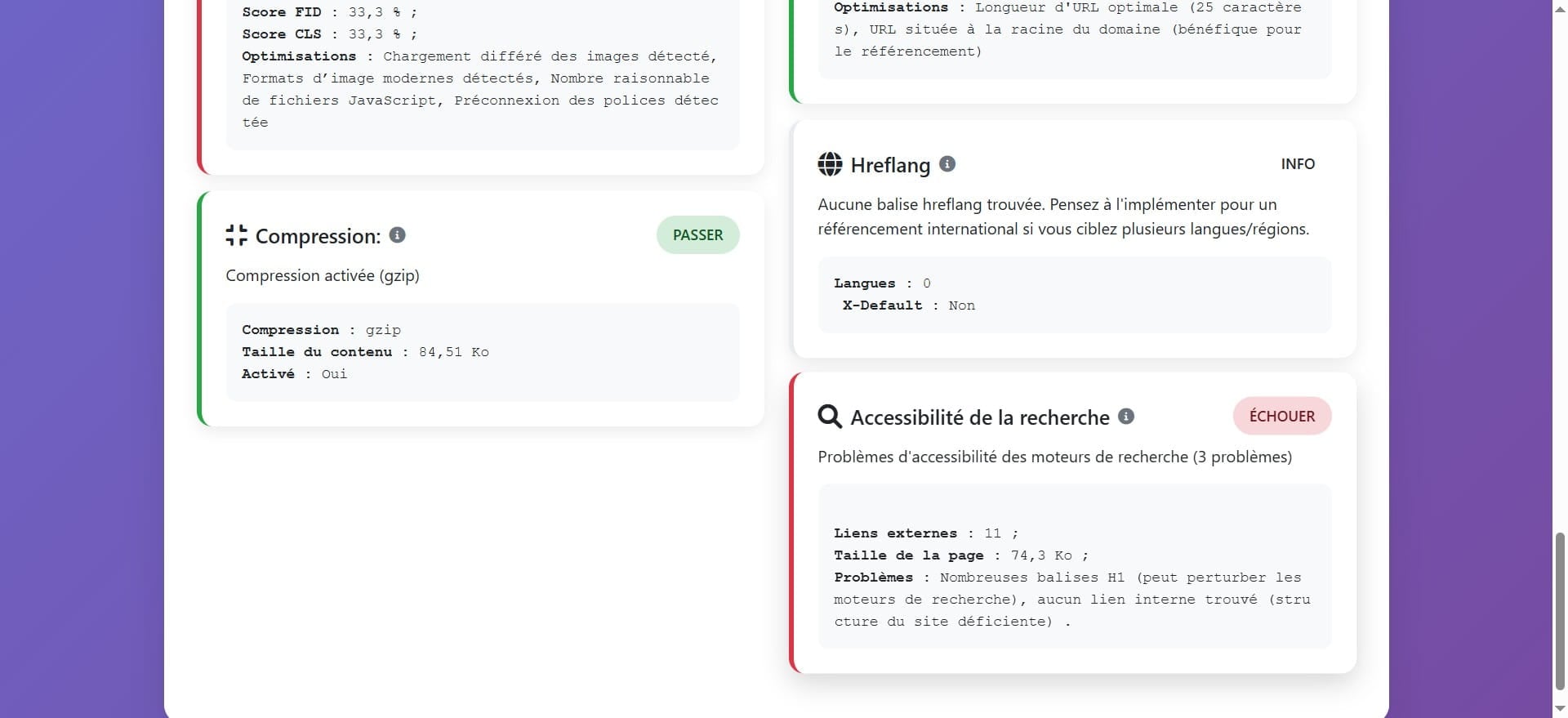 Cette section analyse l'accessibilité du site pour les moteurs de recherche. Elle vérifie notamment la structure des balises HTML et les liens internes.L'outil indique des problèmes d'accessibilité des moteurs de recherche