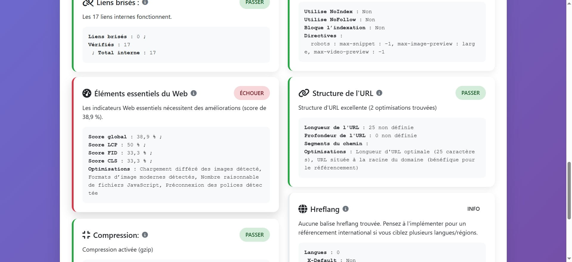 Cette section fait référence aux indicateurs web essentiels qui doivent être optimisés pour améliorer la performance du site web.
Le site a un score global de 38,9 % dans cette catégorie, ce qui indique que des améliorations sont nécessaires.