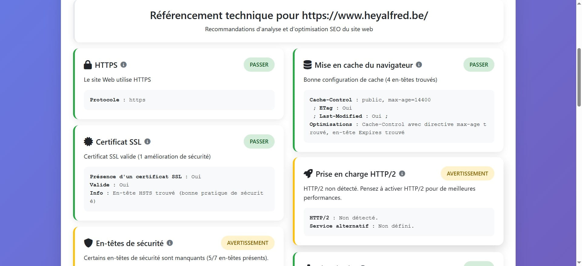 L'avertissement sur cette rubriaue indique que HTTP/2 n’est pas détecté. HTTP/2 est une version améliorée du protocole HTTP qui permet un chargement plus rapide des pages en envoyant plusieurs fichiers simultanément au lieu de séquentiellement.Il est recommandé d'activer HTTP/2 sur votre serveur pour améliorer les performances du site.
