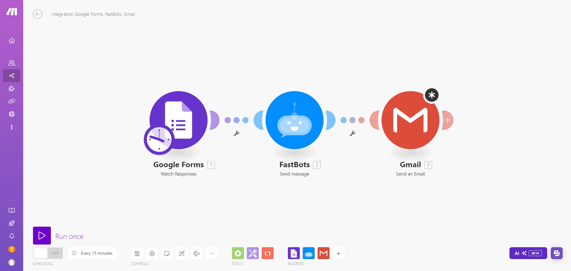 We have now created the scenario to send automated emails using Google Forms. You can run a test by clicking on the "Run Once" button and submitting the test lead on Google Forms. 