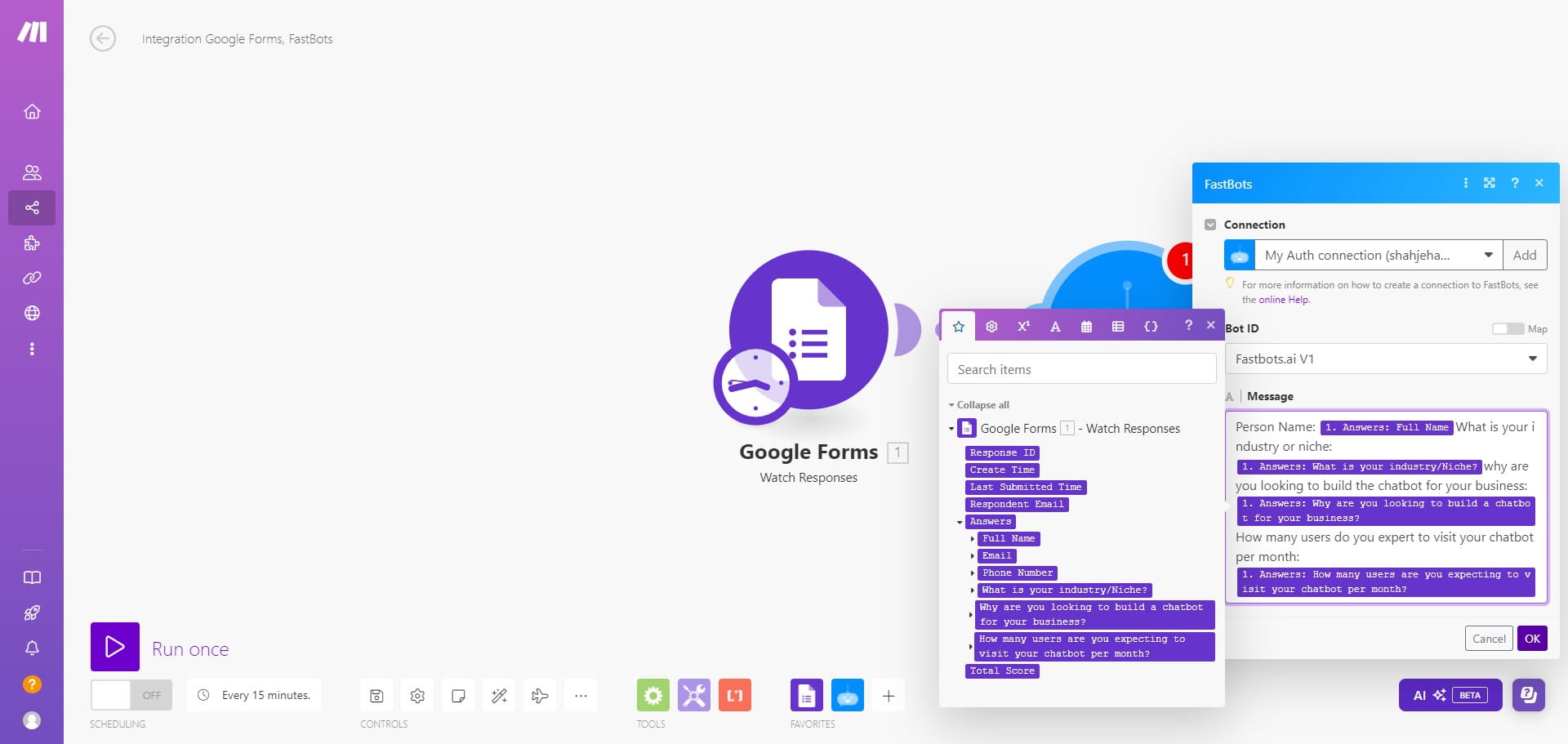 In the "Message" section, add the information that you want to send to the chatbot so it can create a message that we want to send to Gmail.