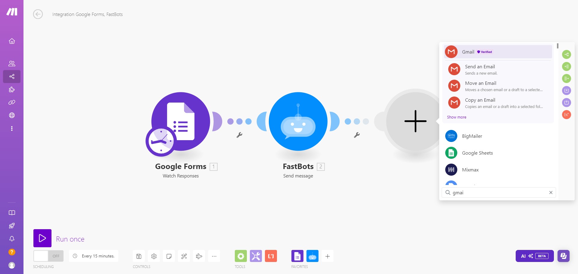 The last step is to connect the Gmail account. Create a new module and select the Gmail. 