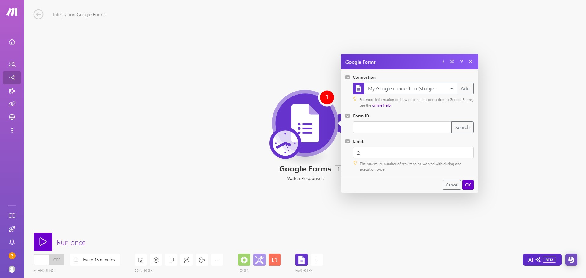 Make sure that your Gmail account is connected to Make.com. If it is not connected, click on Connections and connect your Gmail account. 