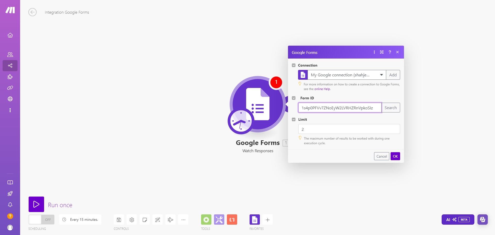 Go to your Google form and copy your Google Form ID. Paste the Form ID in Make.com