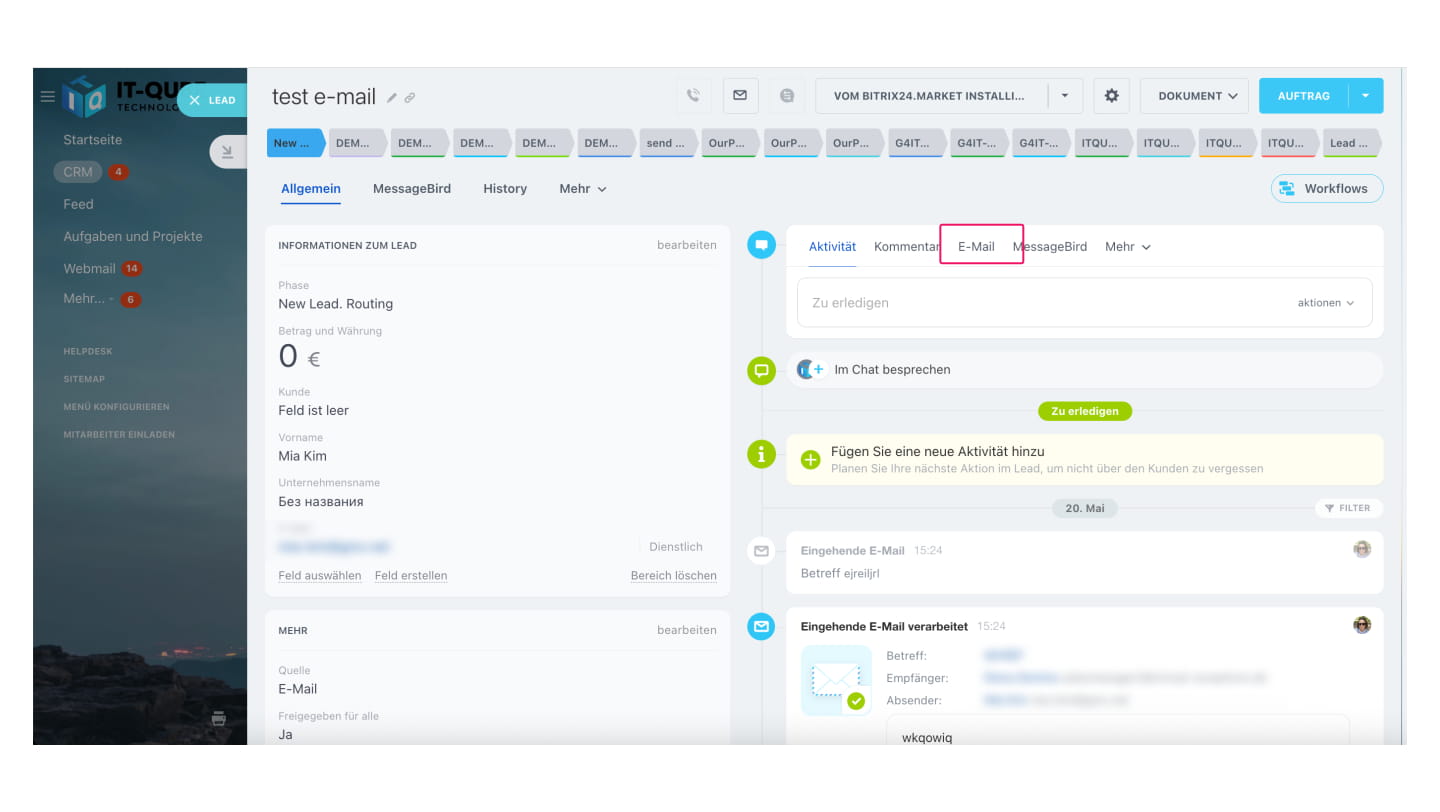 Um einen Brief an den Kunden zu senden, müssen Sie auf das "E-Mail" klicken
