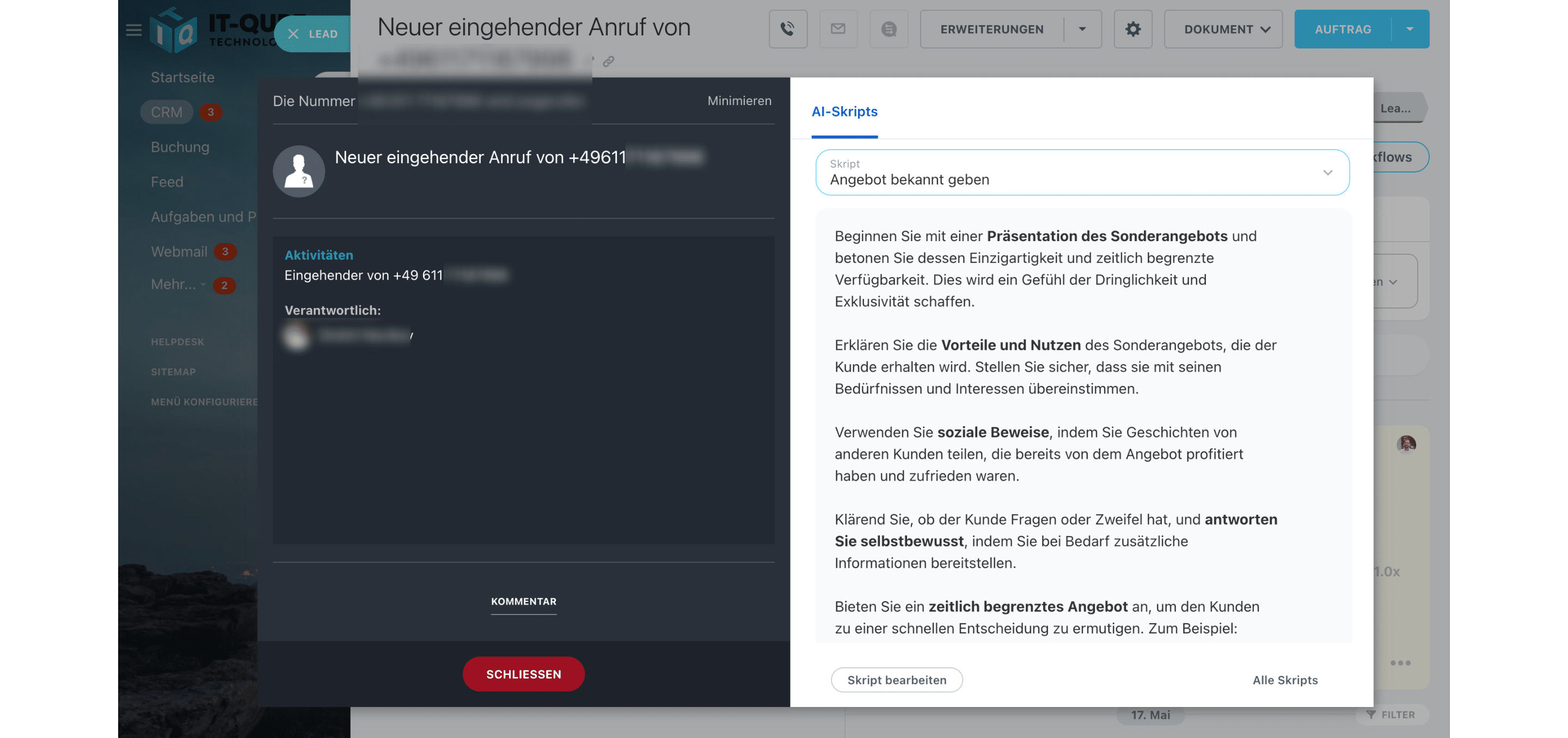 Schritt 9:
Es öffnet sich ein Anruffenster in Bitrix24, das den Kontakt und die gewählte Nummer anzeigt.