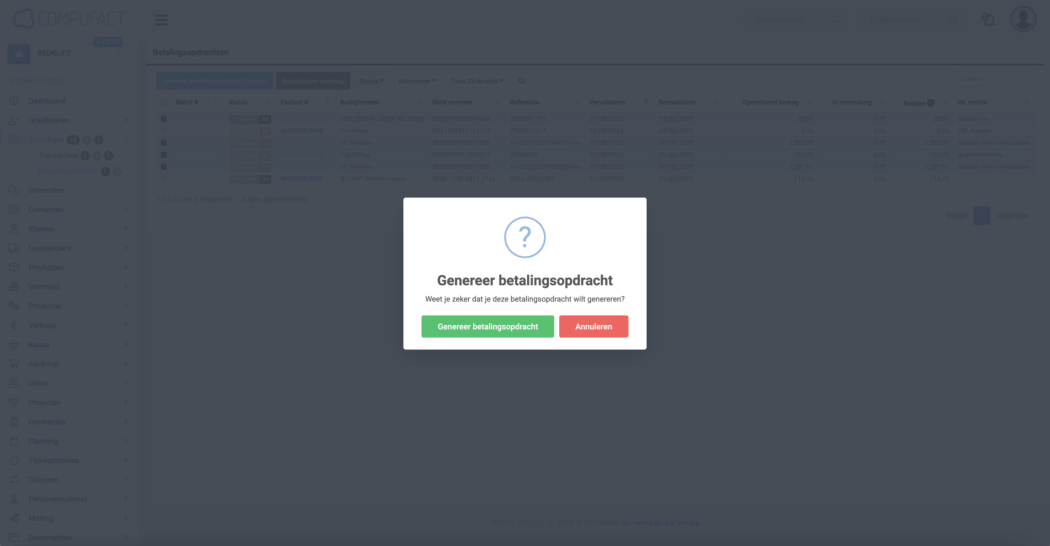 3. Klik op de knop **genereer betalingsopdracht** en het **SEPA betaalbestand (pain.001 XML)** wordt automatisch gedownload.
